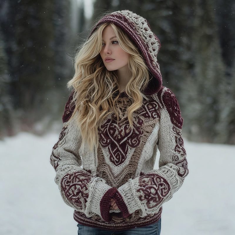 Comstylish Women's Vintage Viking Celtic Knot Art Cozy Knit Hooded Sweater