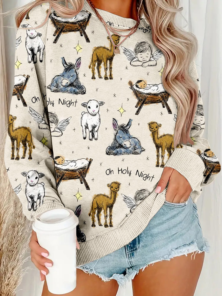 Comstylish Baby Jesus In Manger With Baby Animals Christmas Sweatshirt