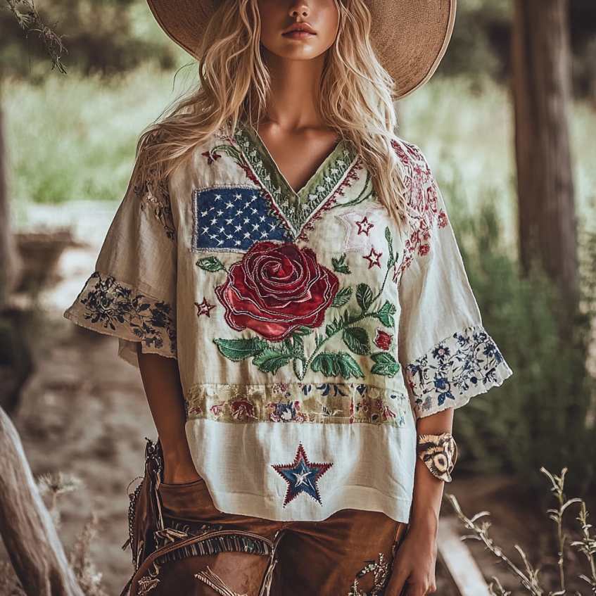 Women's Retro American Western Country Style Rose And Star Embroidered Linen Blend V-neck T-shirt artswardrobe