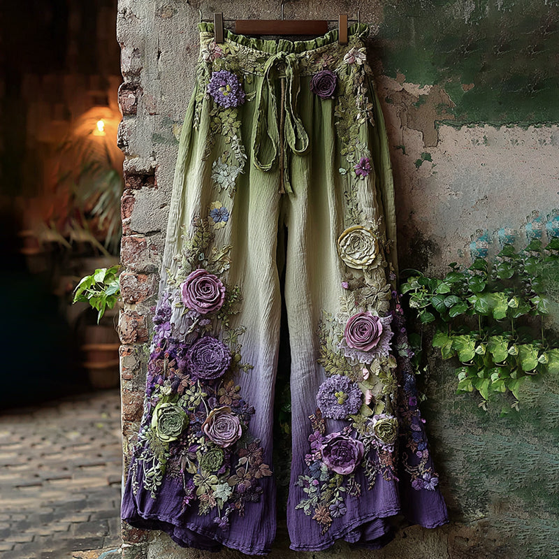 Classy Purple Lavender And Floral Embroidered Art Linen Pants artswardrobe
