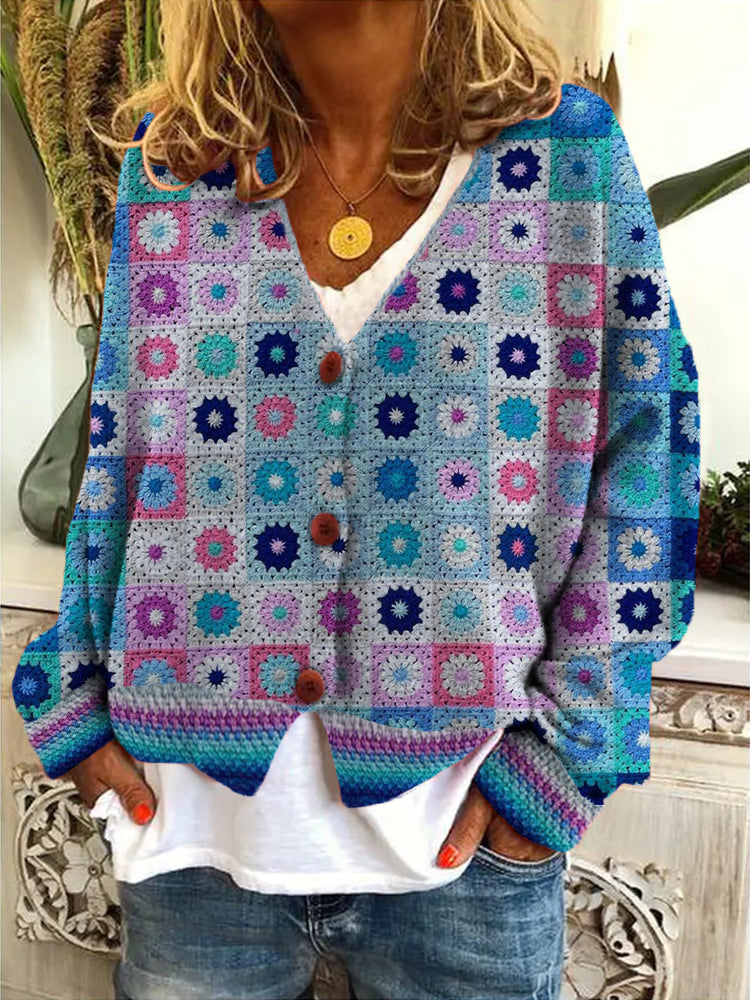 Vintage Floral Pattern V-Neck Long Sleeved Knitted Cardigan elevenforest