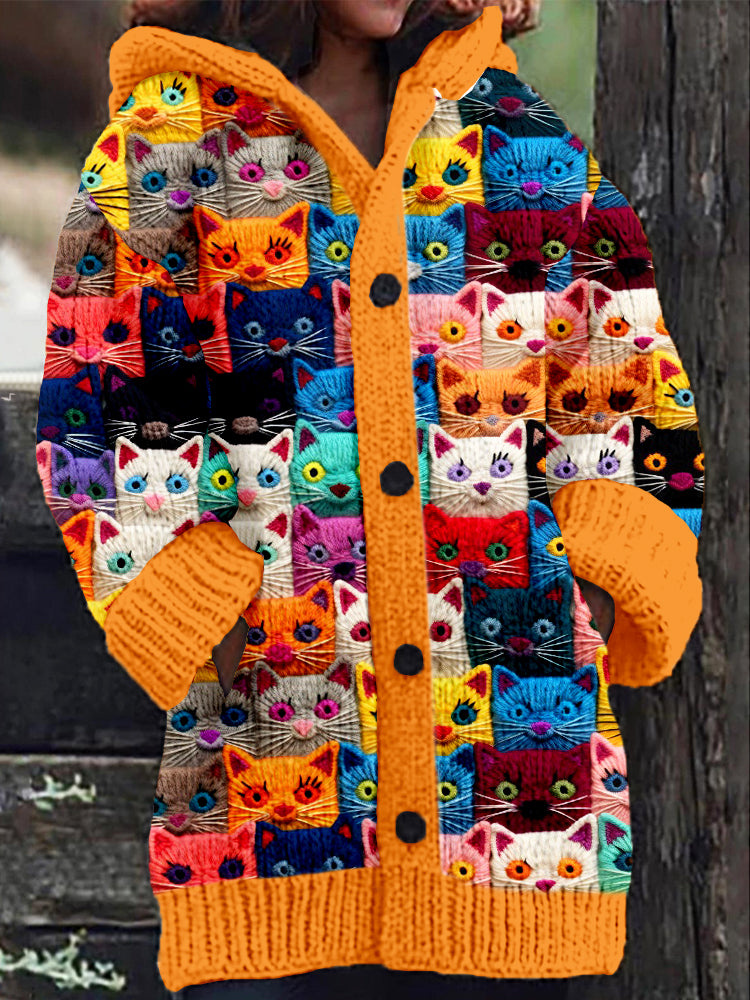 Whimsical Cat Embroidered Cozy Hooded Cardigan elevenforest