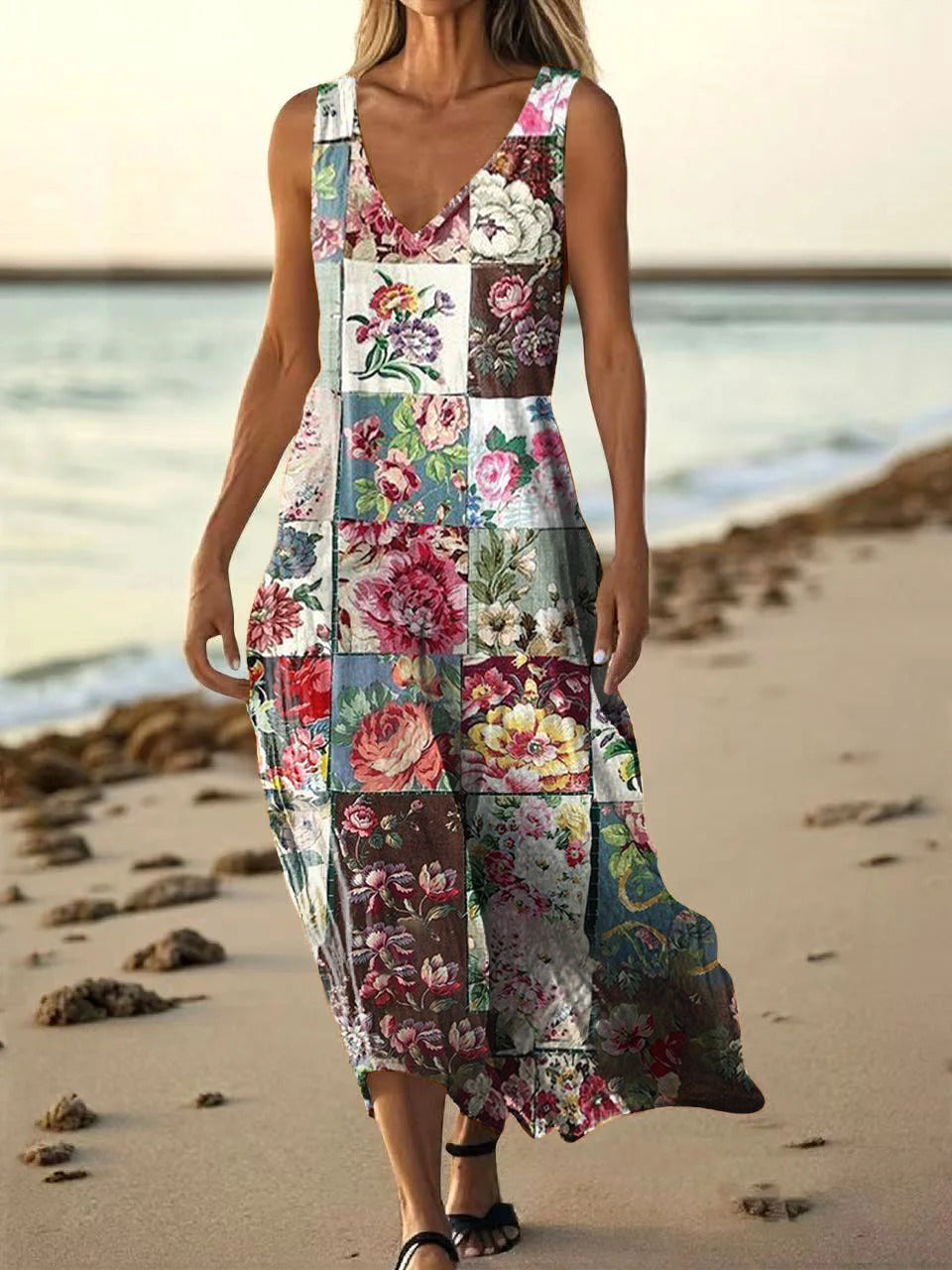 Women's Floral Art Print Pocket Cotton Dresses