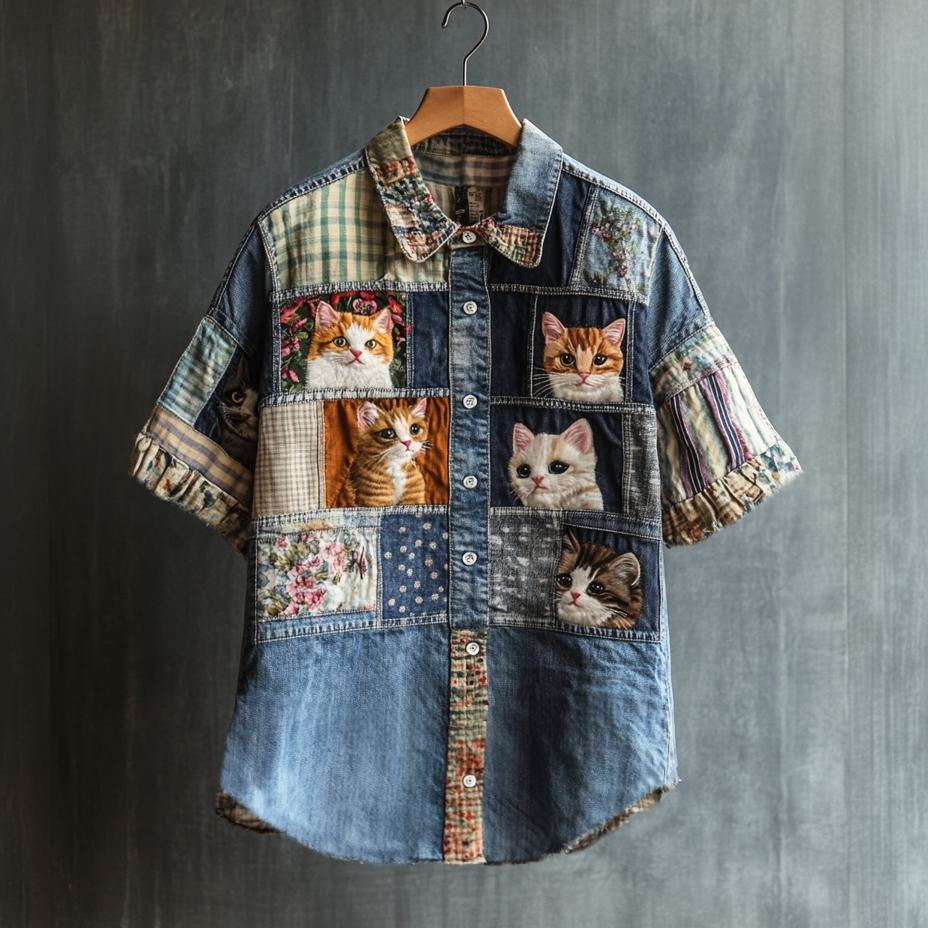Casual Pop Art Patchwork Cat Denim Shirt elevenforest