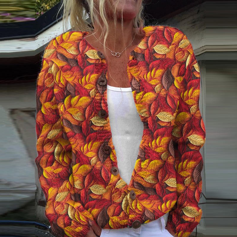 Autumn Maple Leaf Print Knitted Cardigan artswardrobe