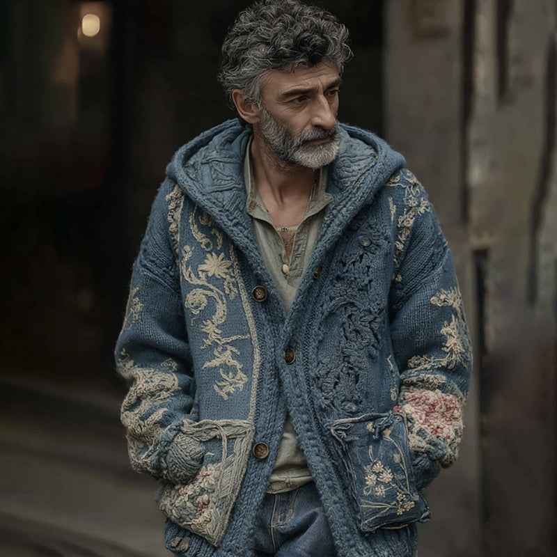 Men's Vintage Floral Gradient Art Jacquard Button Pocket Cardigan Sweater artswardrobe