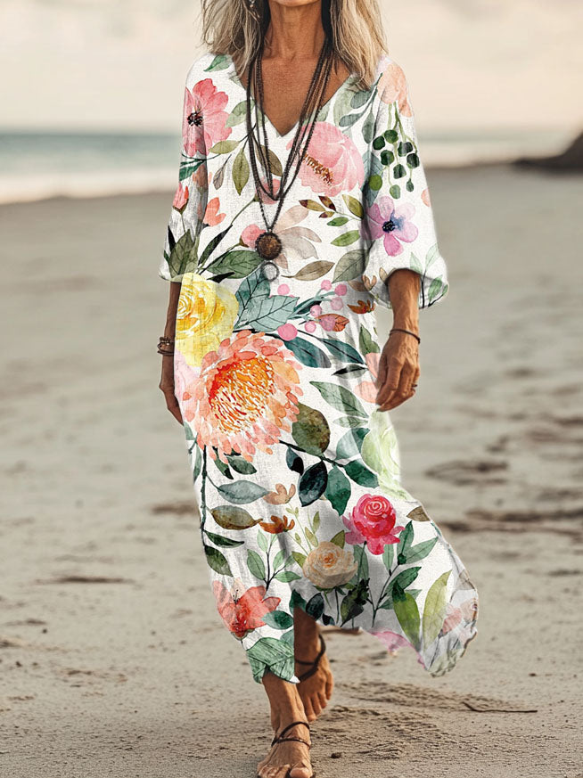 Women's Floral Art Print Pocket Cotton Dresses