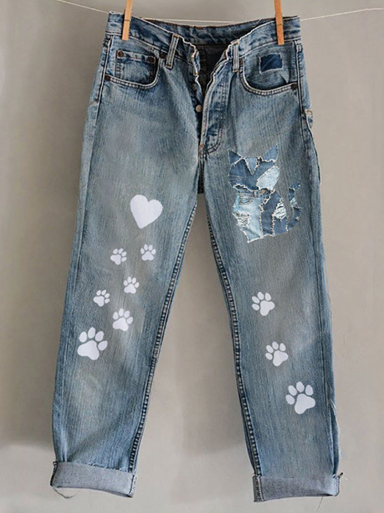 Comstylish Funny Animal Embroidered Print Jeans