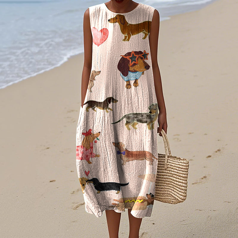 Comstylish Women's Retro Cool Dogs Art Print Sleeveless Dress