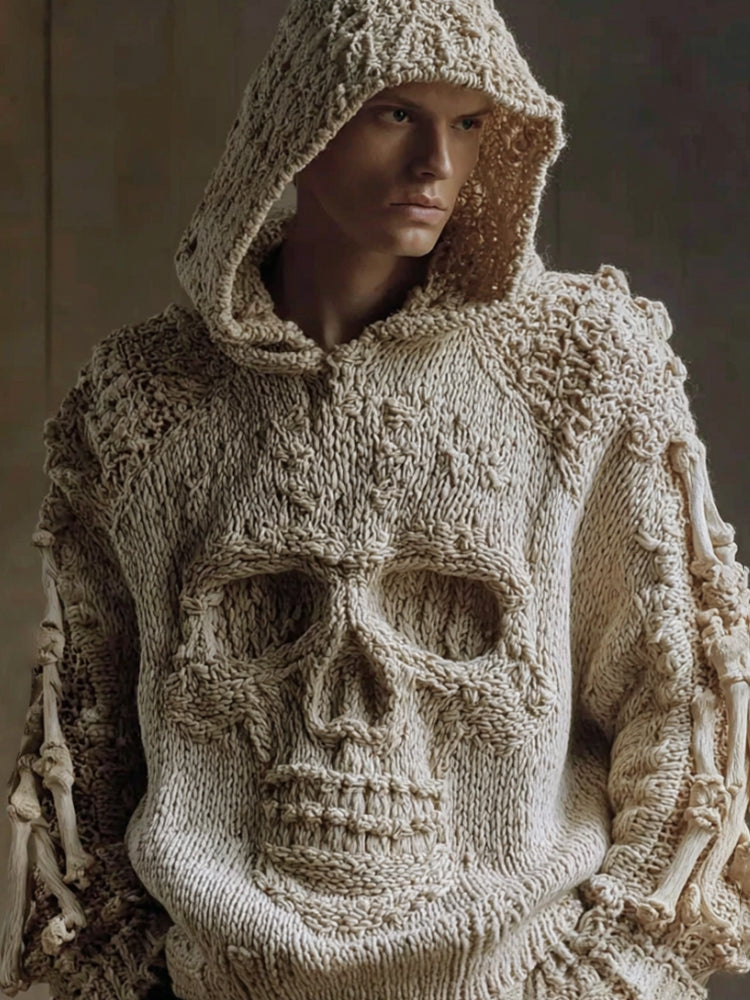 Men Halloween Big Skull White Vintage Hooded Sweater artswardrobe