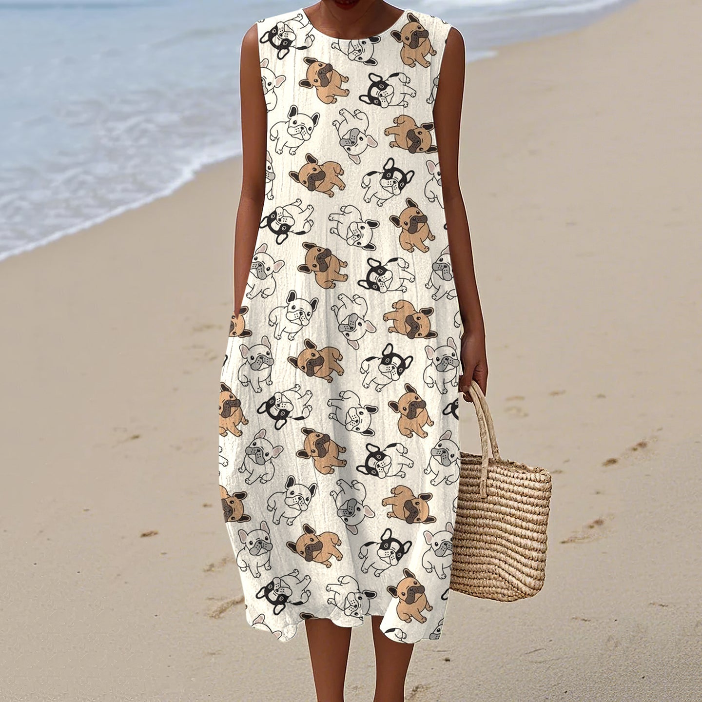 Retro French Bulldog Art Linen Tank Midi Dress artswardrobe