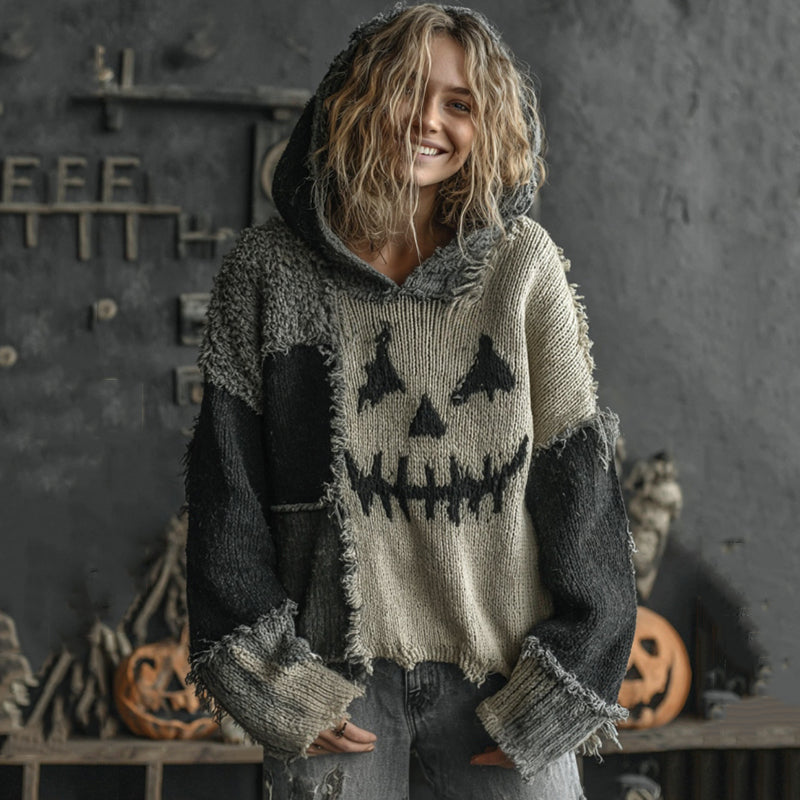 Halloween Spooky Face Contrast Stitched Hooded Cozy Knit Sweater elevenforest