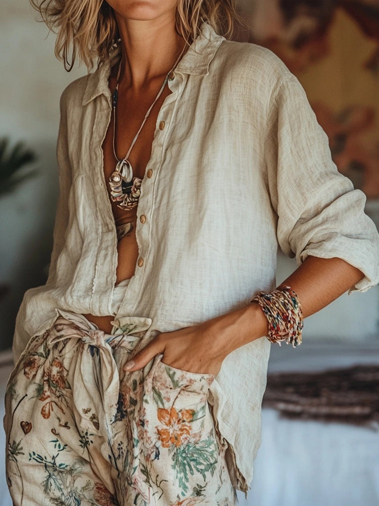 Vintage Solid Color Linen Blend Cozy Blouse artswardrobe