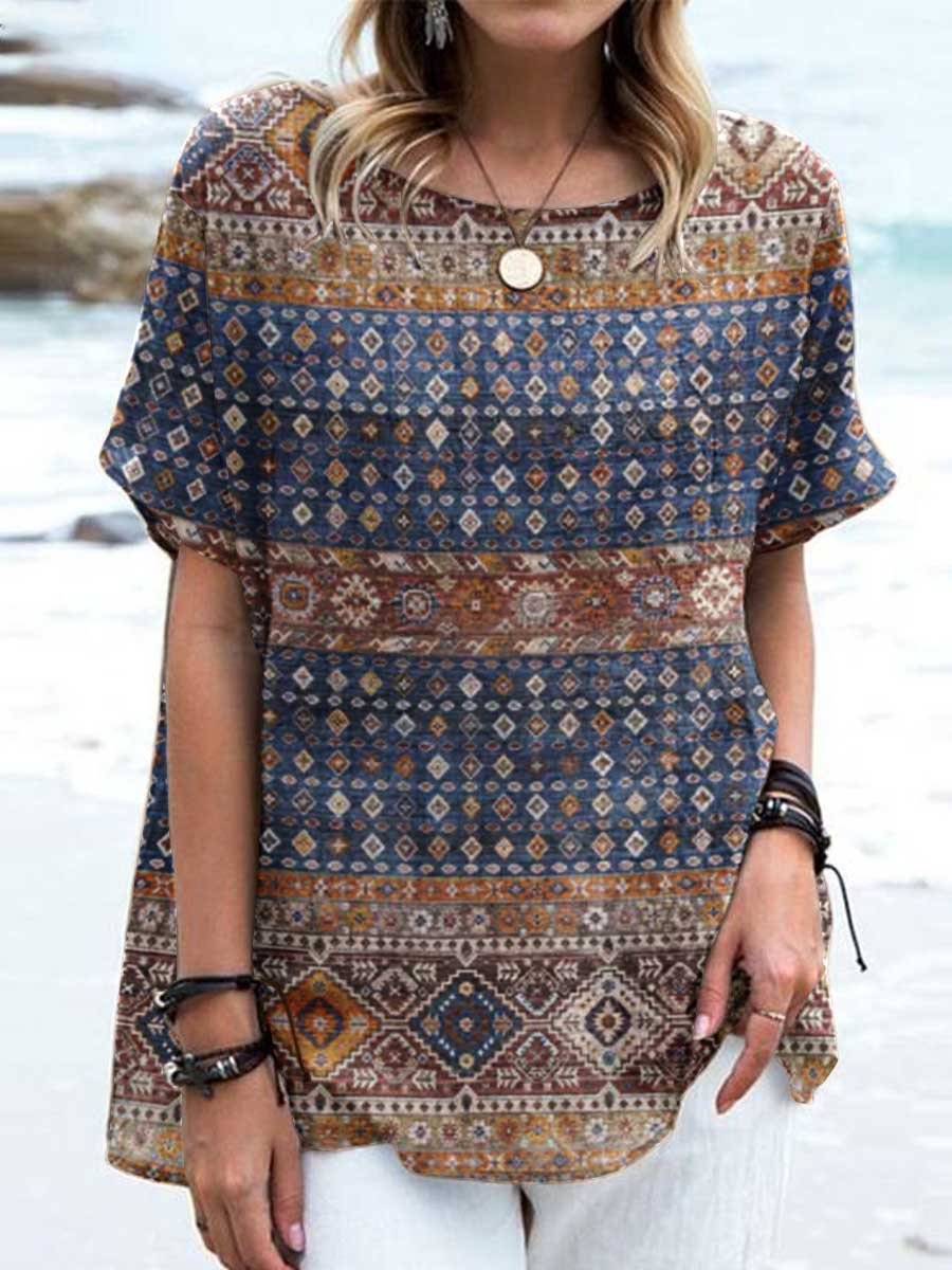 Women's Retro Geometric Pattern Cotton and Linen Crew Neck Top