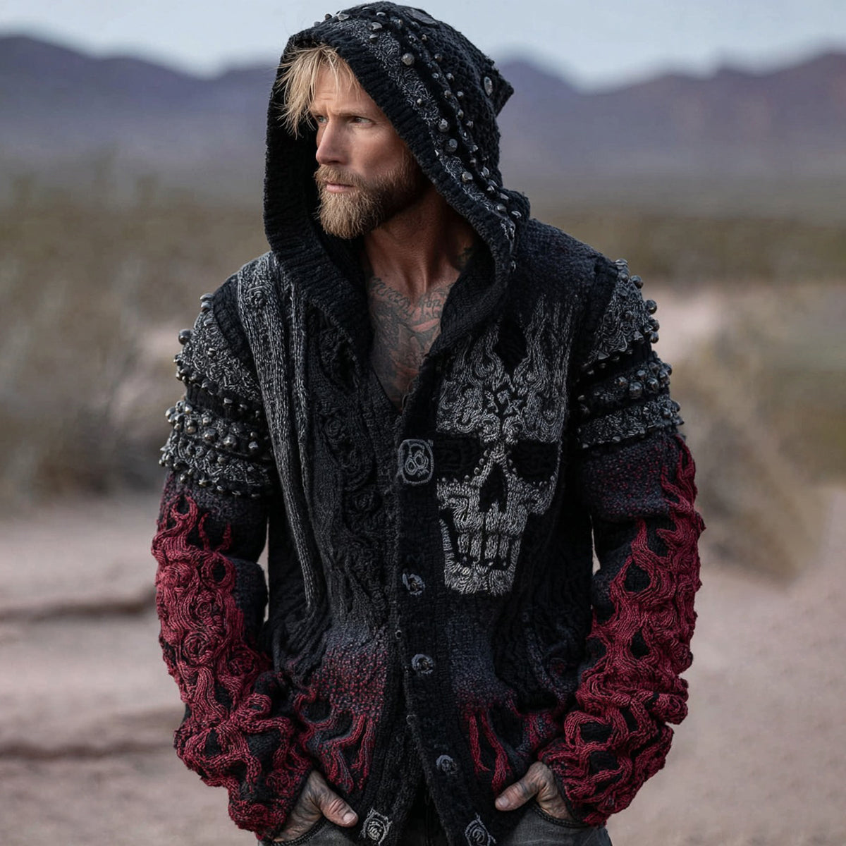 Men's Retro Skull And Flame Inspired Knitted Buttons Hooded Cardigan artswardrobe