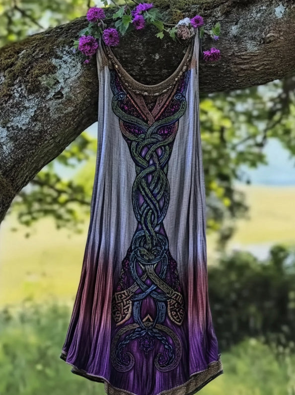 Vintage Viking Celtic Knot Gradient Linen Midi Dress artswardrobe