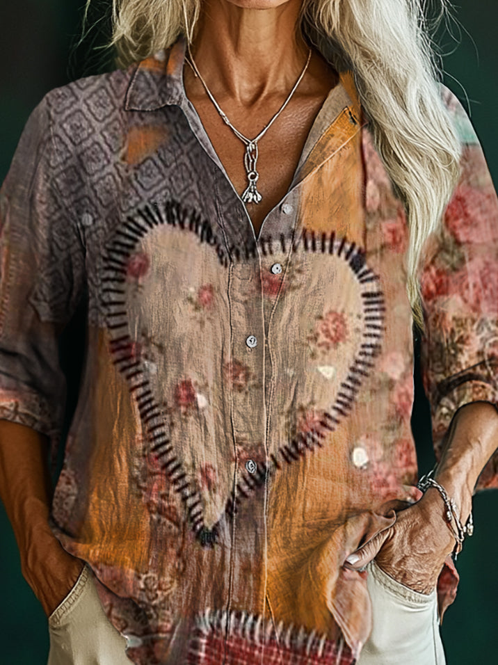 Women's Vintage Heart Pattern Art Print Casual Cotton Shirt