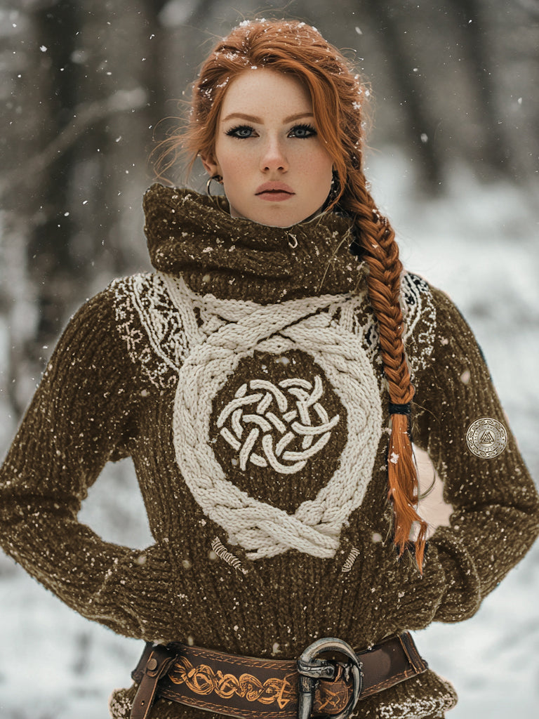Women's Viking Tribal Jacquard Celtic Inspired Chunky Knit Hooded Sweater artswardrobe