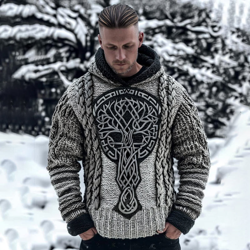Men's Viking Tribal Jacquard Celtic With Tree Of Life Inspired Chunky Knit Hooded Sweater artswardrobe