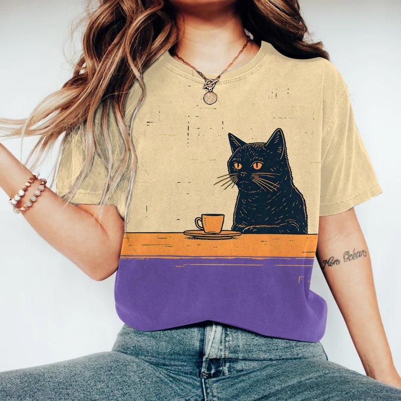 Japanese Art Black Cat Chilling Coffee Art Print Round Neck T-Shirt elevenforest