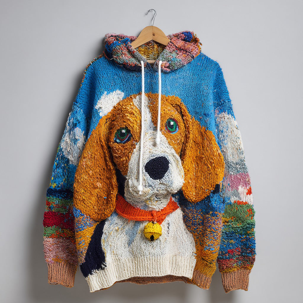 Comstylish Cute Puppy Art Print Knitted Warm Hooded Sweater