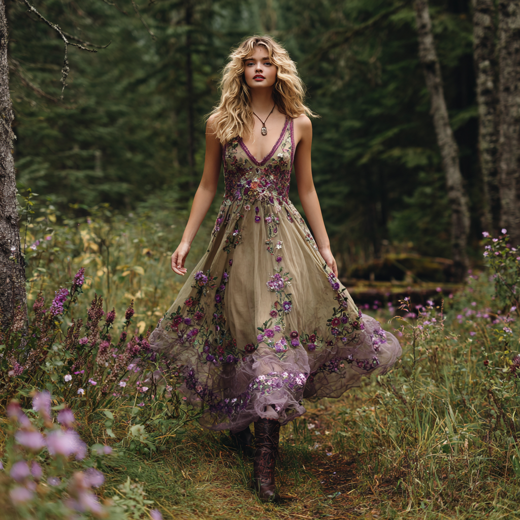 Vintage Purple Floral Embroidery V-neck Sleeveless Dress artswardrobe