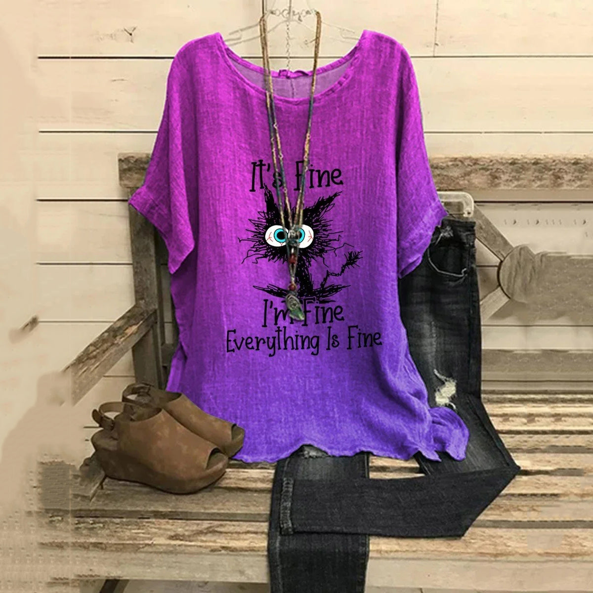 Women's Halloween Cat Art Print Casual Top elevenforest