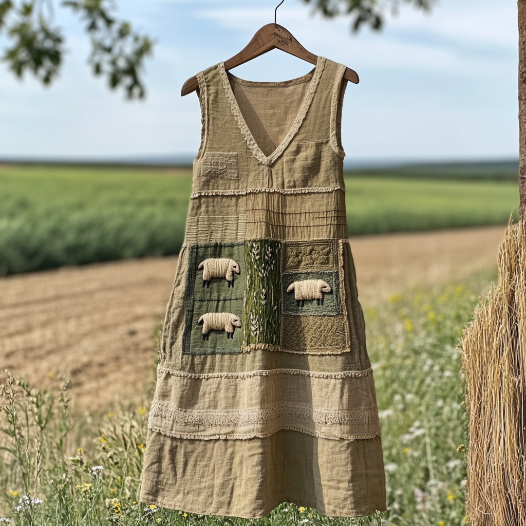 Women's Vintage Sheep And Grass Print Sleeveless Dress artswardrobe