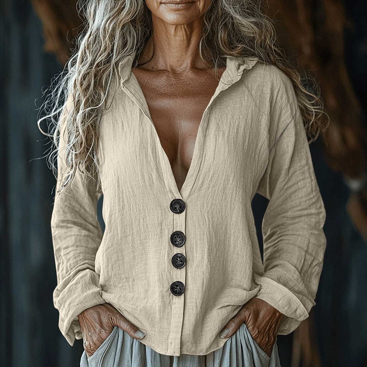 Comstylish Women's Vintage Solid Color V-neck Linen Shirt