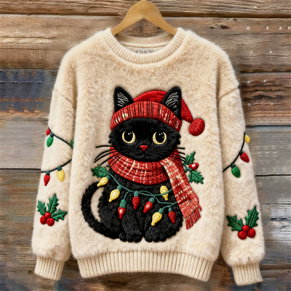 Christmas Lights Cat Women's Cozy Plush Sweater artswardrobe