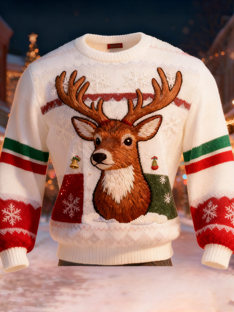Comstylish Christmas Reindeer Embroidery Crew Neck Sweater