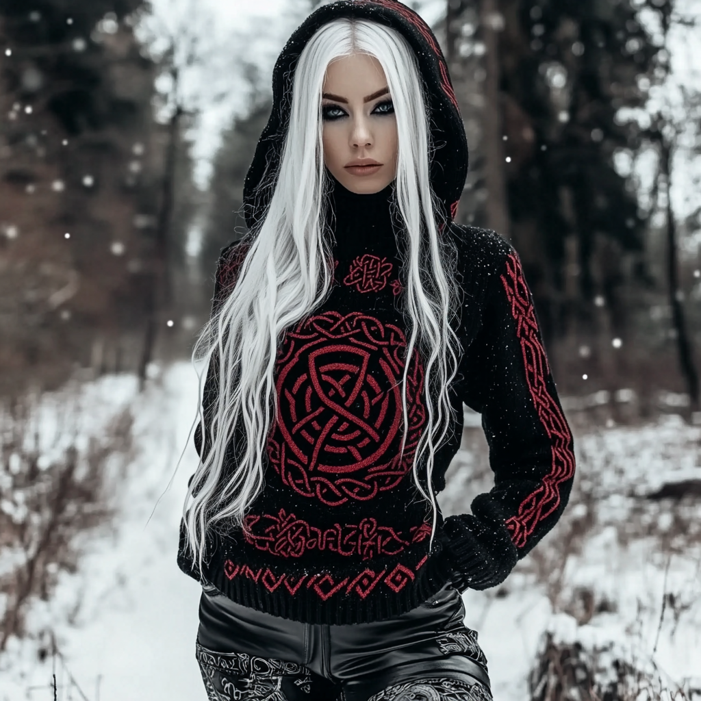 Women's Viking Celtic Knot Jacquard Knit Hooded Sweater elevenforest