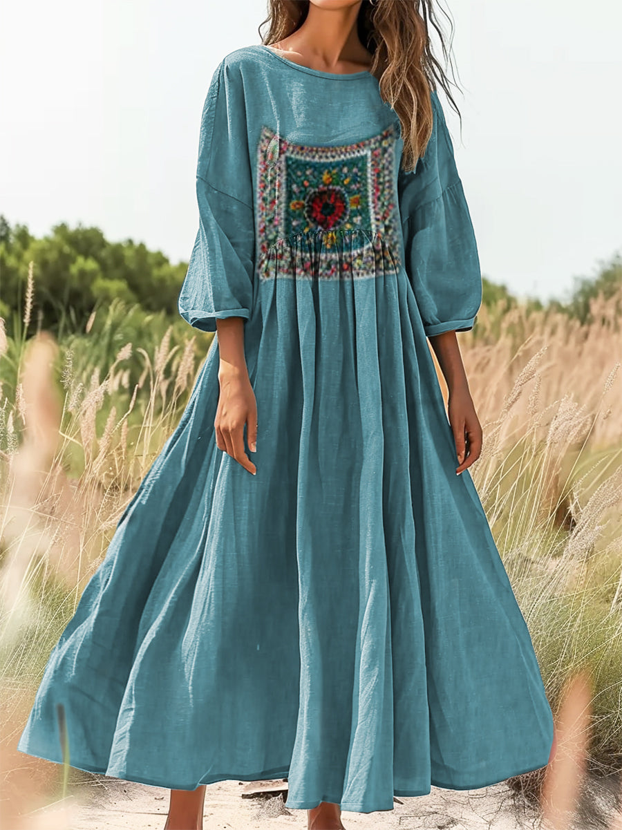 Women's Vintage Ethnic Floral Art Print Flowy Cotton Crew Neck Dress