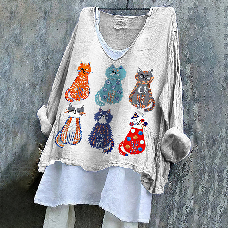 Women's Colorful Cat Art Cotton And Linen V-neck Shirt elevenforest
