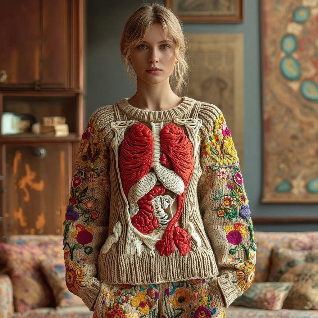 Women's Classic Halloween Anatomy Flower Art Cozy Knit Pullover Sweater artswardrobe