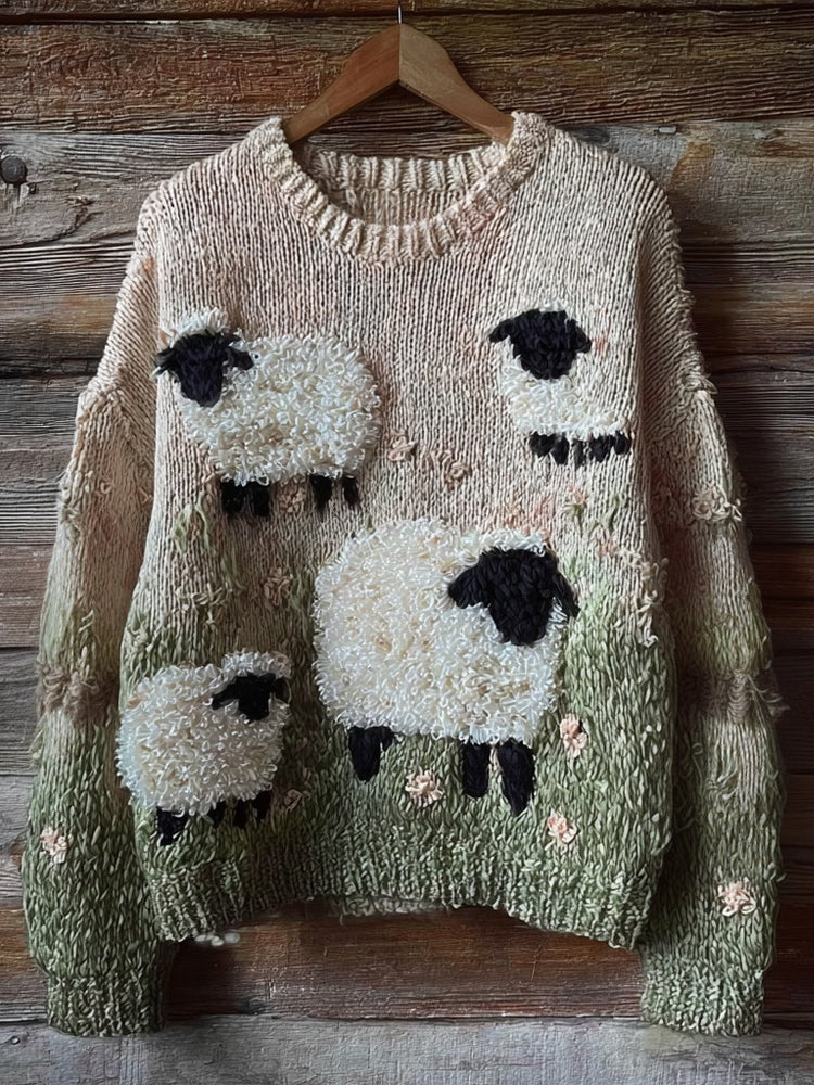 Cute Fuzzy Blacknose Sheep Embroidered Cozy Knit Sweater artswardrobe