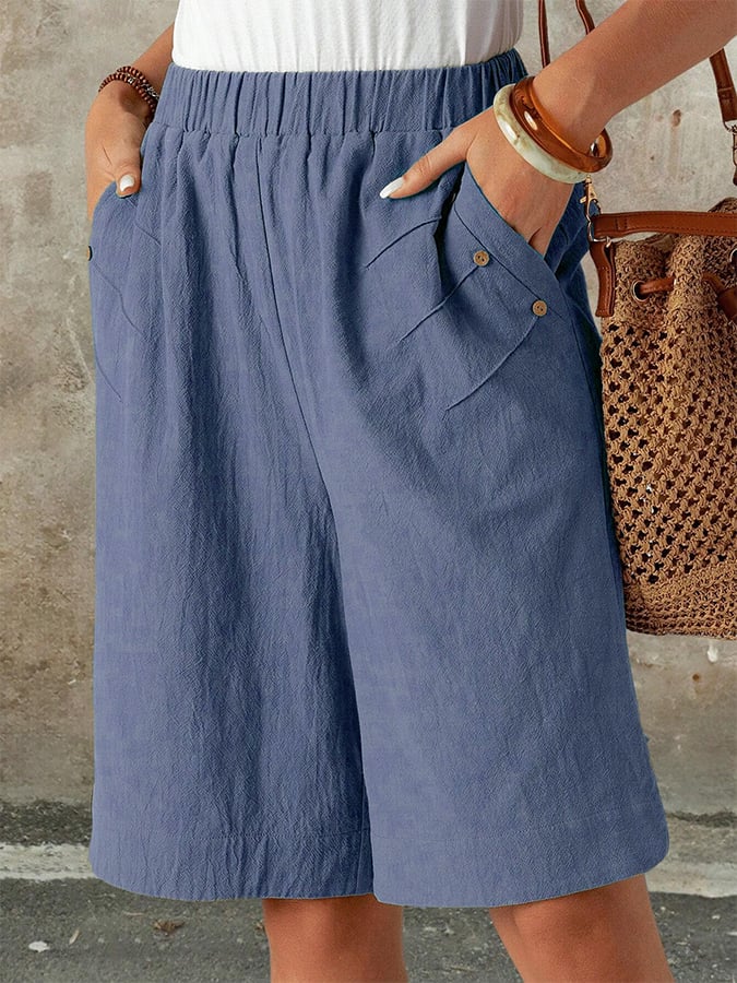 Women's Solid Color Buttoned Loose Casual Shorts (With Pockets)
