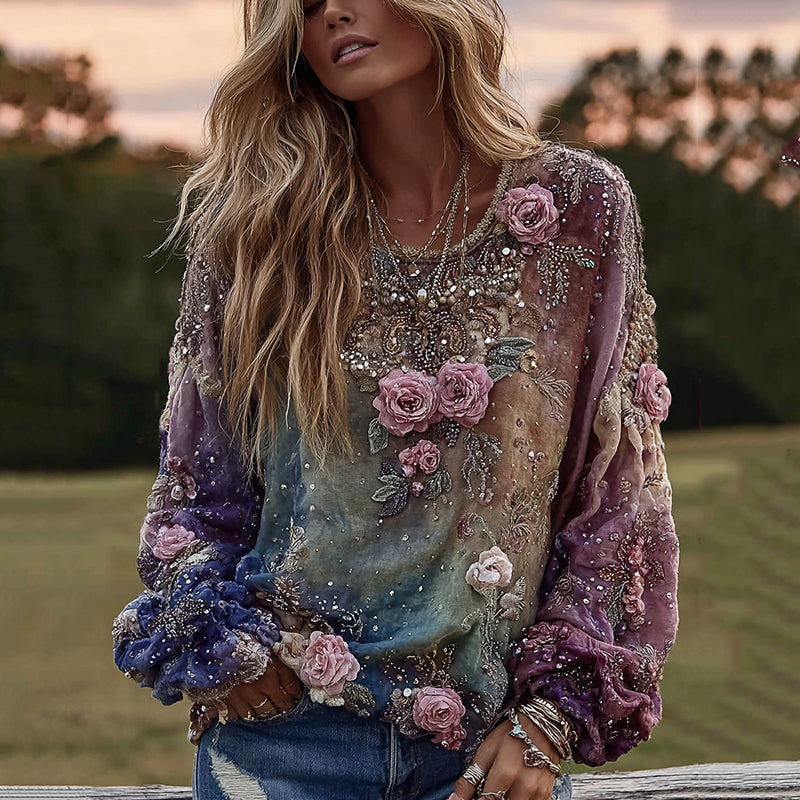 Tie-dye Rose Embroidered Sequined Round Collar Long-sleeved T-shirt artswardrobe