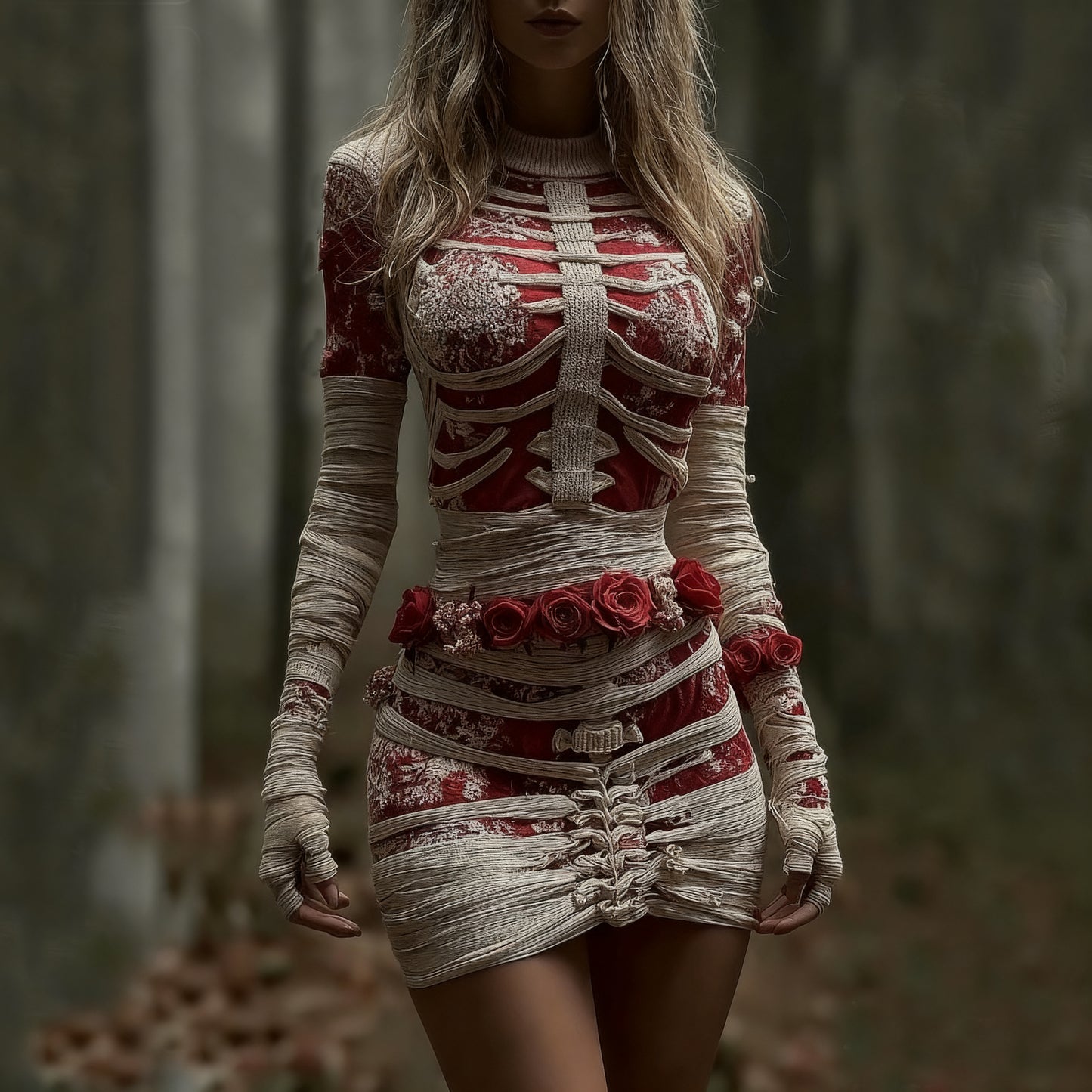 Women's Vintage Red Rose Skeleton Art Knit Mini Sweater Dress artswardrobe