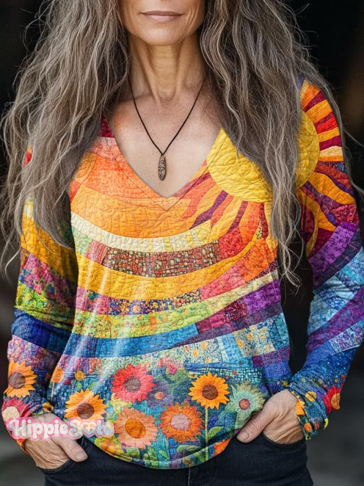 Women's Colorful Sunshine & flowers Sea Print Casual V-neck Long Sleev