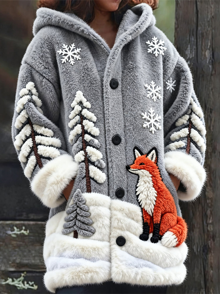 Snowy Forest Fox Pattern Women's Knit Hooded Cardigan