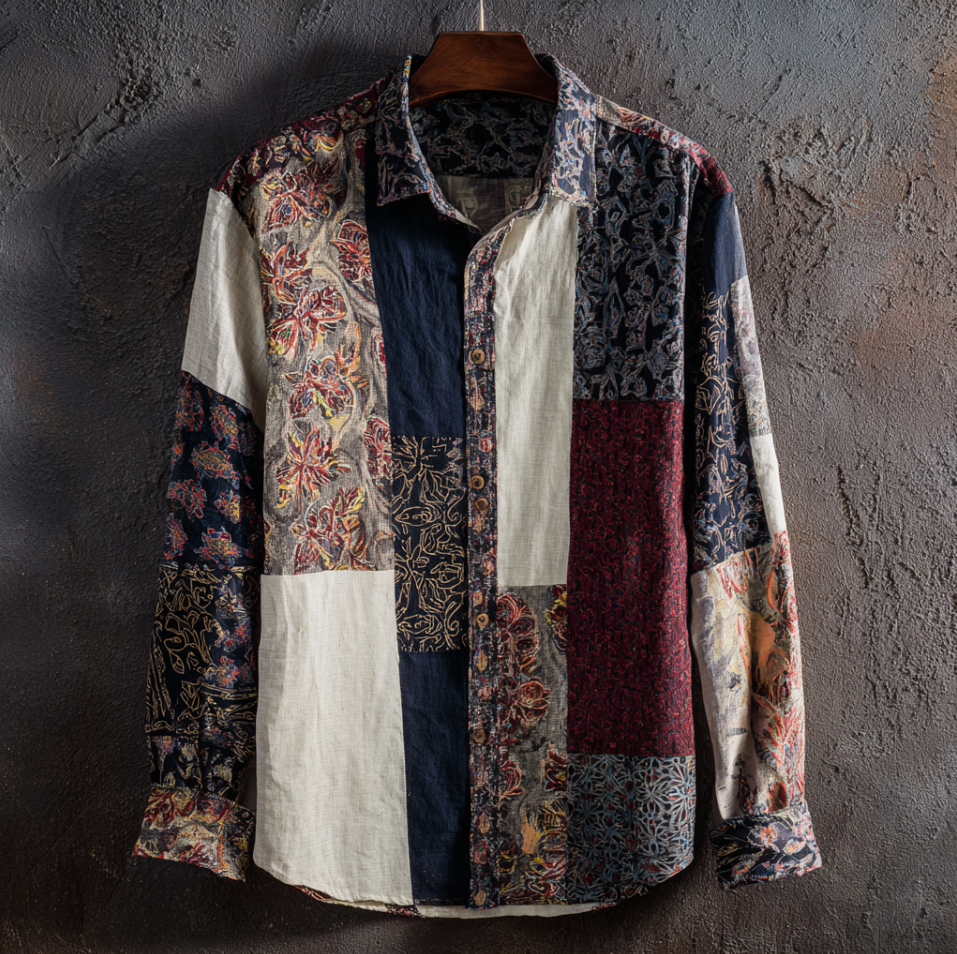 Western Style Bohemian Plant Flower Pattern Color Block Patchwork Retro Cotton And Linen Men's Shirt artswardrobe