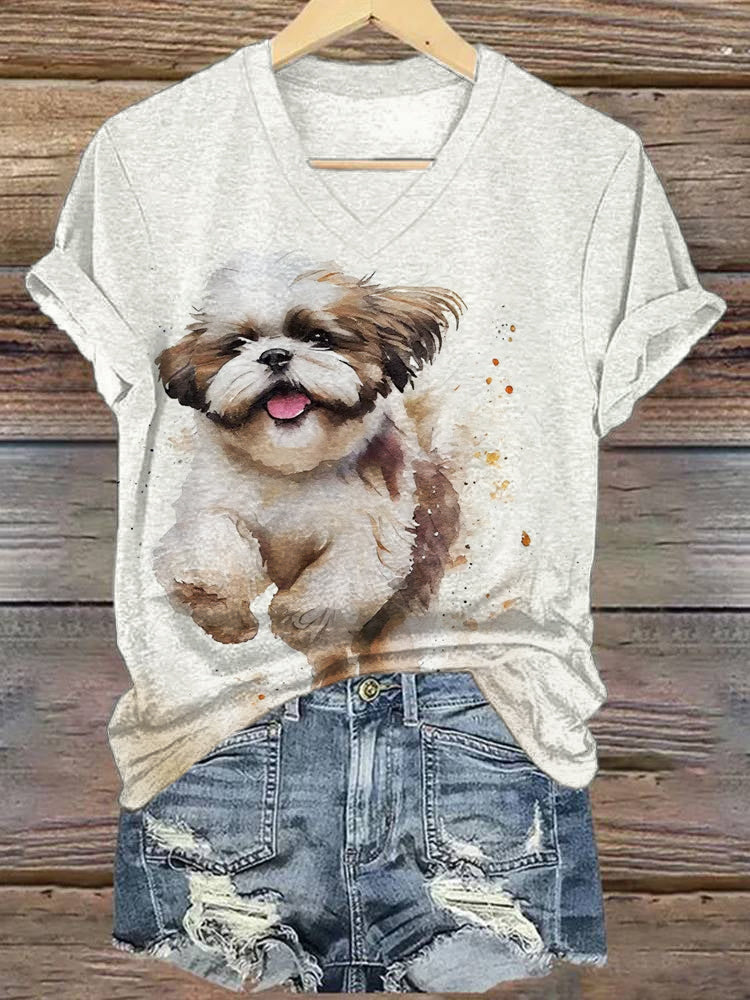 Comstylish Happy Little Shih Tzu Jumping Happy Dog Watercolour Print T-Shirt