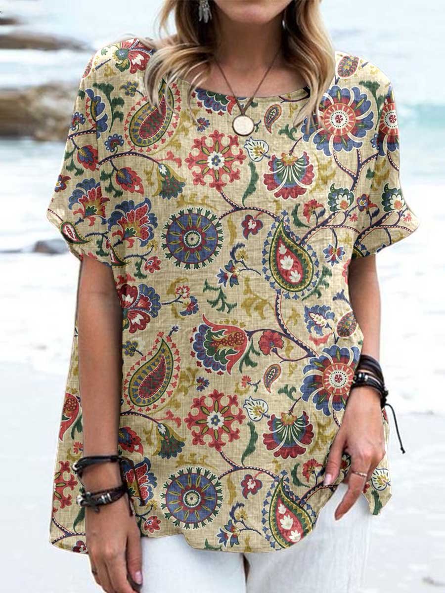 Women's Retro Floral Cotton and Linen Crew Neck Top