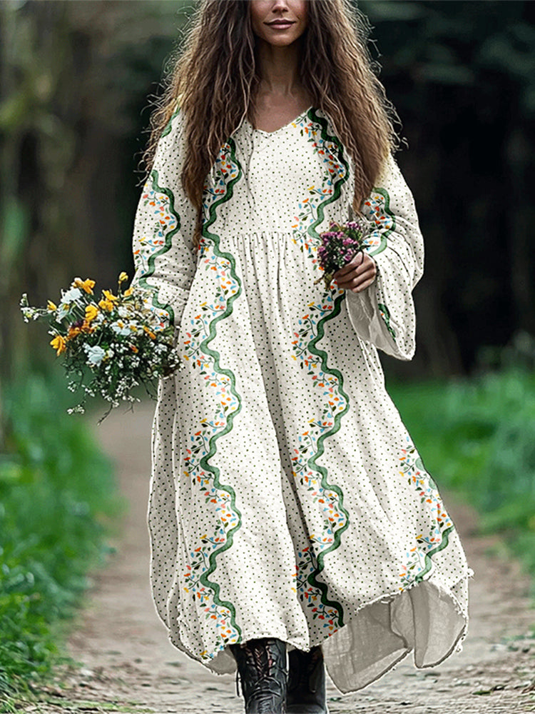 Vintage Boho Floral Flowy Linen Blend Maxi Dress artswardrobe