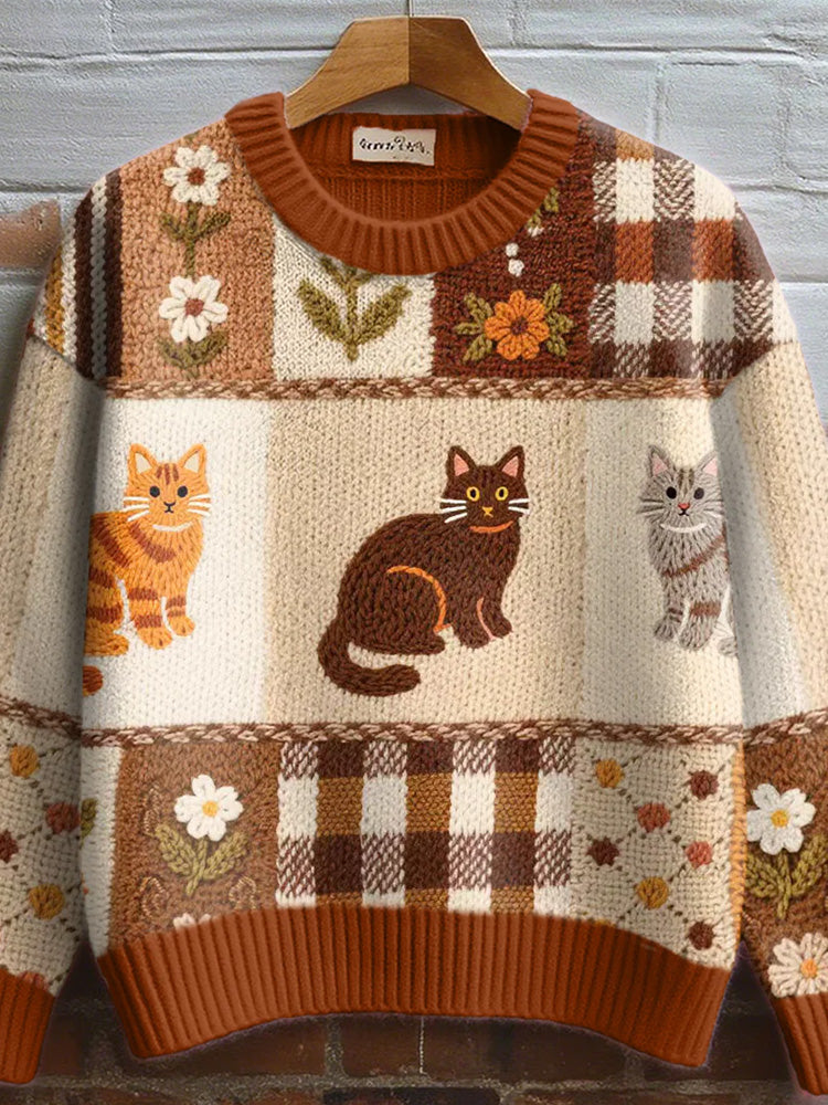 Women's Fall Floral Cat Crochet Pattern Cozy Knit Sweater elevenforest