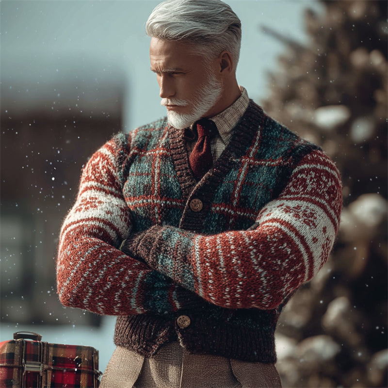 Men's Vintage 70s Retro Christmas Plaid Patchwork Cozy Knit Cardigan artswardrobe