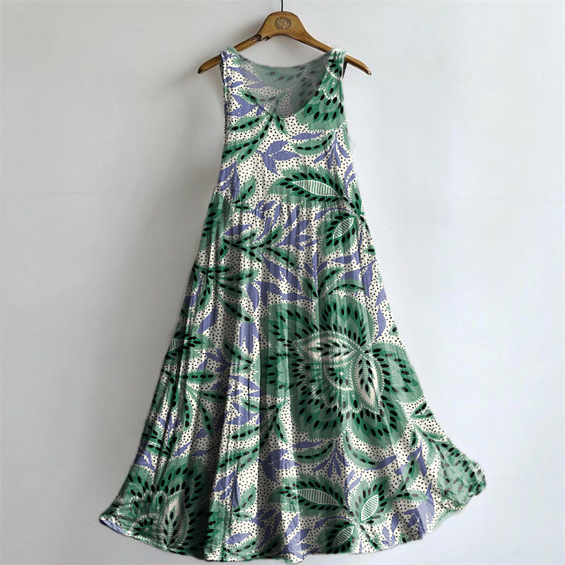Women's Vintage Floral Pattern Art Print Round Neck Sleeveless Cotton