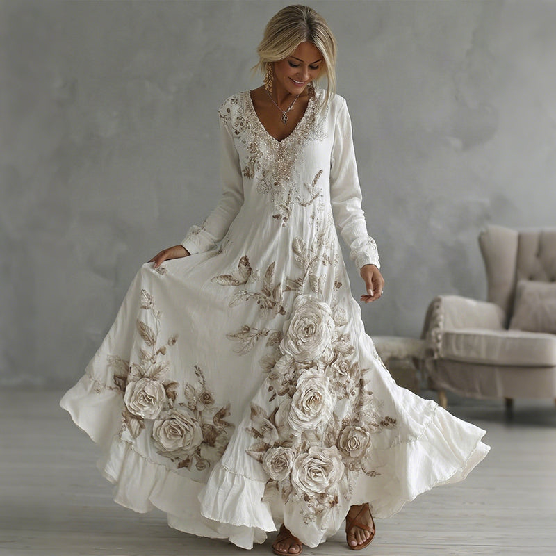 Women's Vintage Boho White Floral Lace Art Flowy Maxi Dress elevenforest