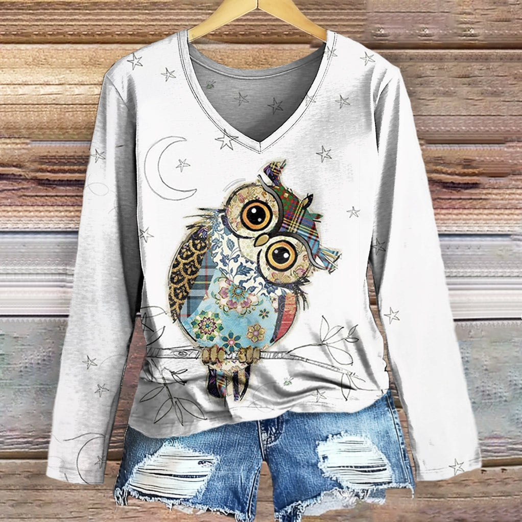 Women's Owl Pattern Art Print Casual V-Neck Long Sleeve T-Shirt